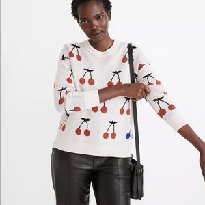 Madewell Cream Cherry Crewneck Sweater with Red & Black Accents